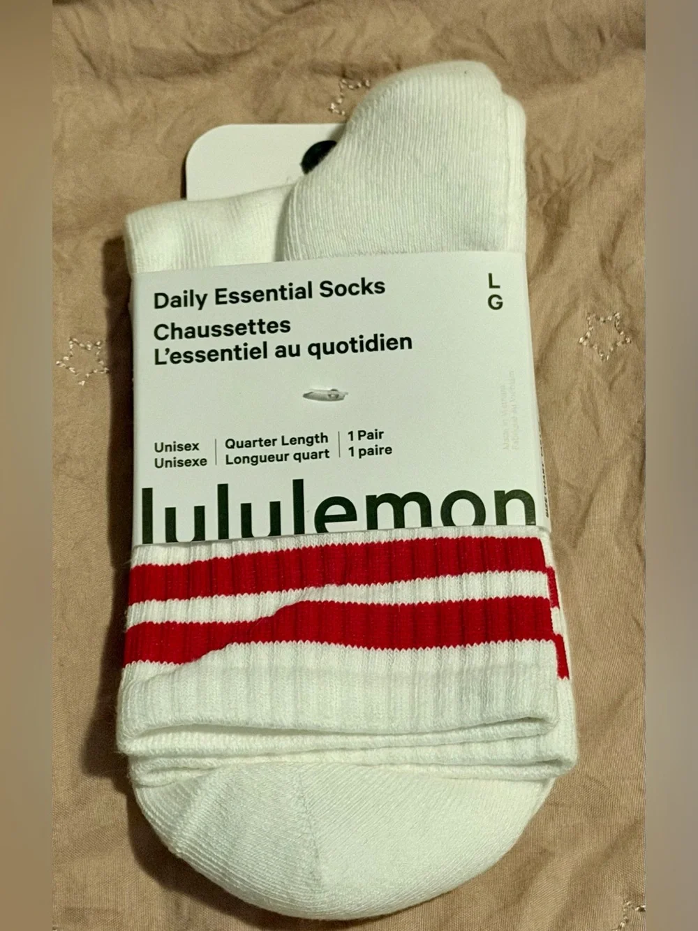 lululemon athletica White Quarter Socks with Red Stripes